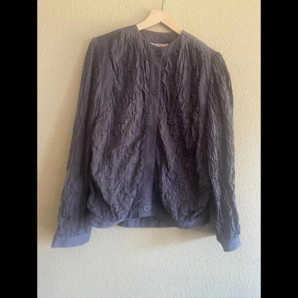 Vintage Womens Gene Ewing Bis Gray Jacket Size PL Smocked Long Sleeve Button USA